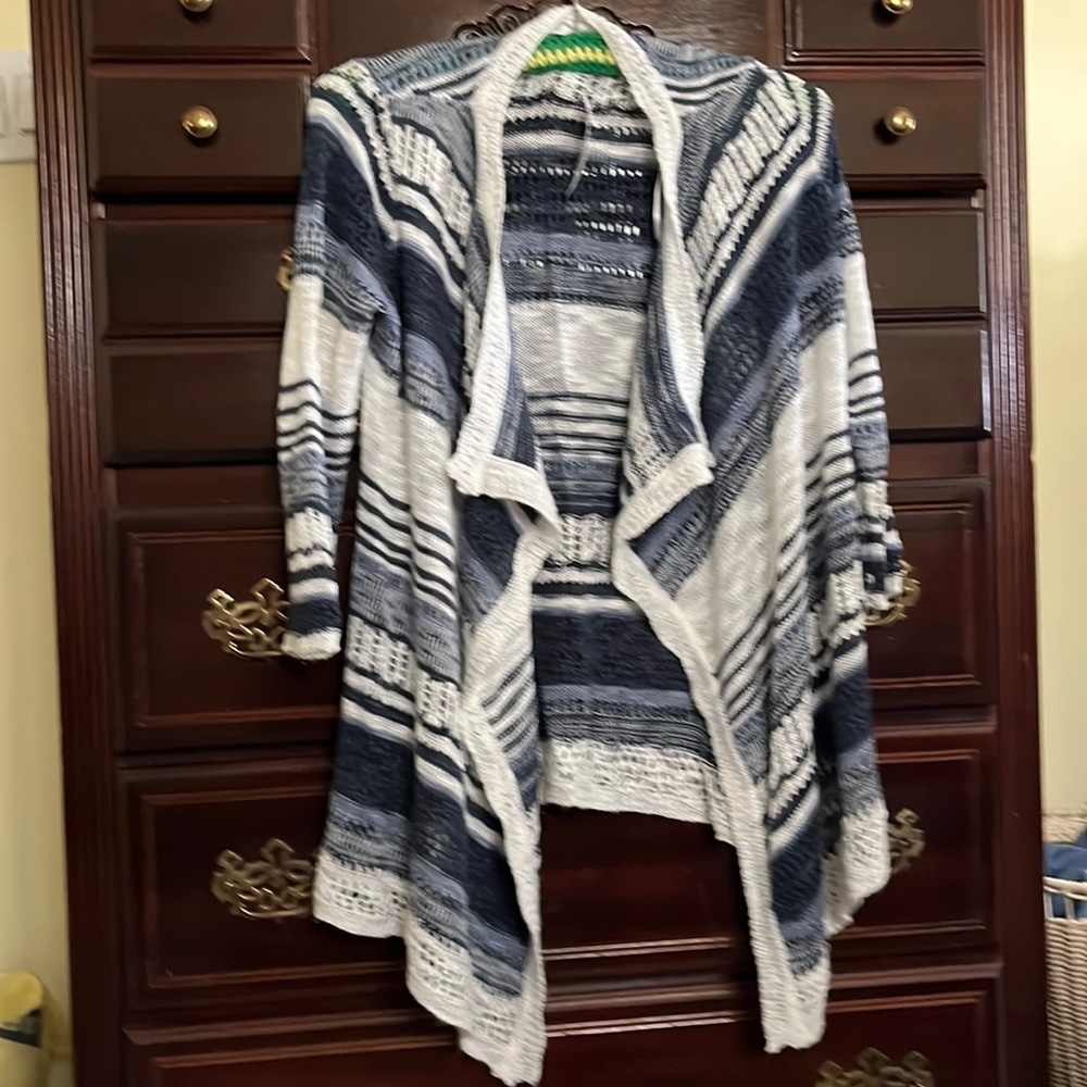 Dress barn blue & white striped draped sweater size small